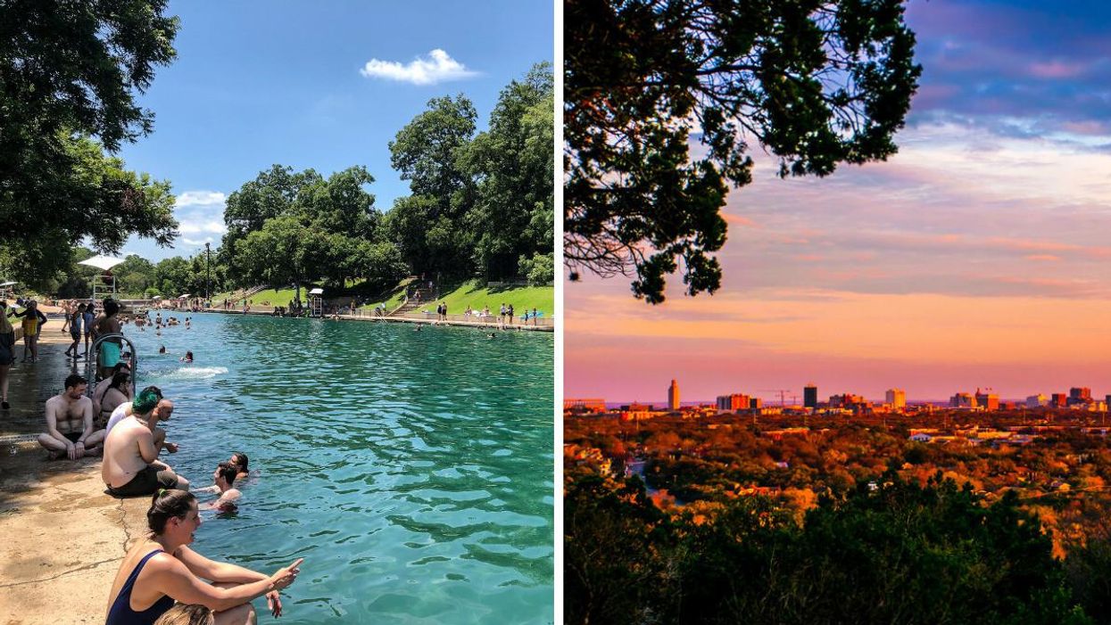 People cooling off in water in Austin, TX. Right: The sun shines over Austin, TX.