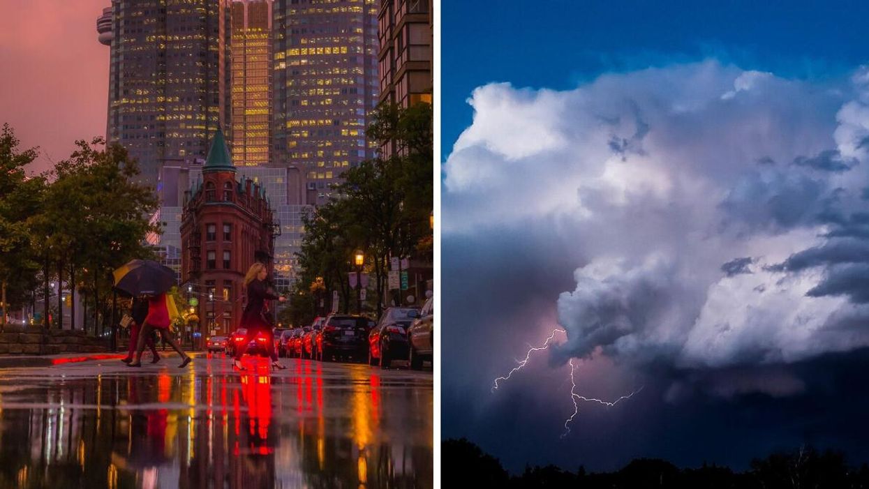 People crossing a street in Toronto while it rains. Right: Lightning coming out of a cloud in Calgary.