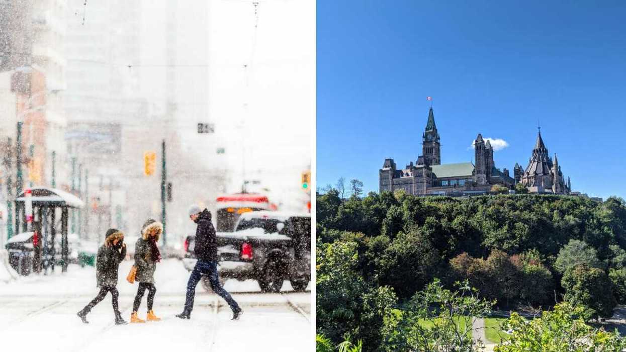 people crossing toronto street while it's snowing. right: parliament buildings in ottawa surrounded by trees