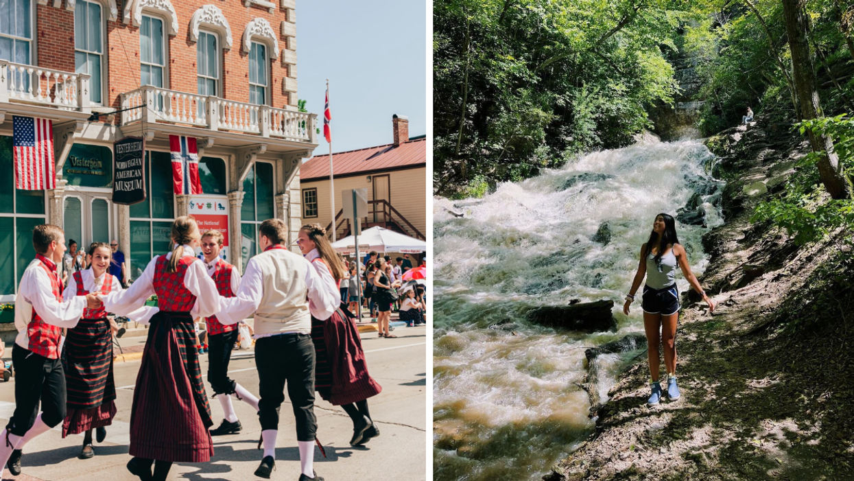 People dancing outside of the Vesterheim Museum. Right: A woman near a waterfall.