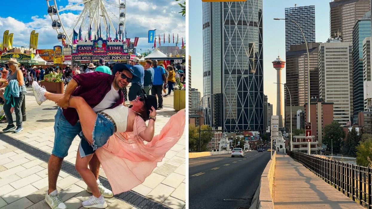 People doing a dip at the Calgary Stampede. Right: Downtown Calgary with the Calgary Tower in the background.