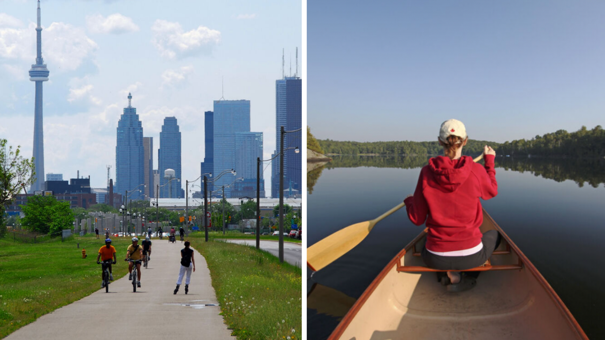 People downtown in Toronto. Right: Person in a canoe.