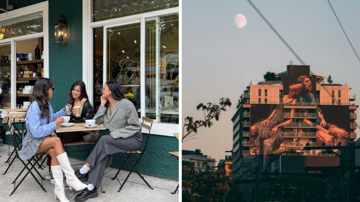 People drinking coffee. Right: A public art mural.