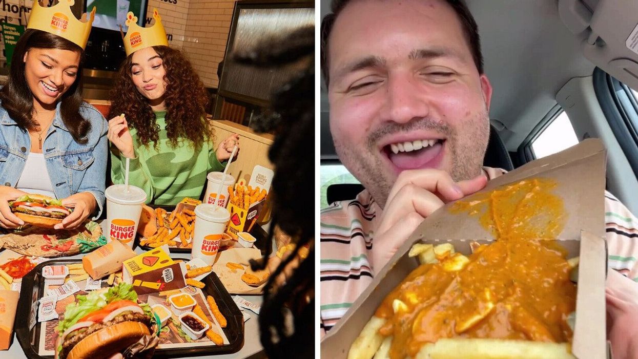People eating a bunch of Burger King food. Right: Someone with the Butter Chicken poutine.
