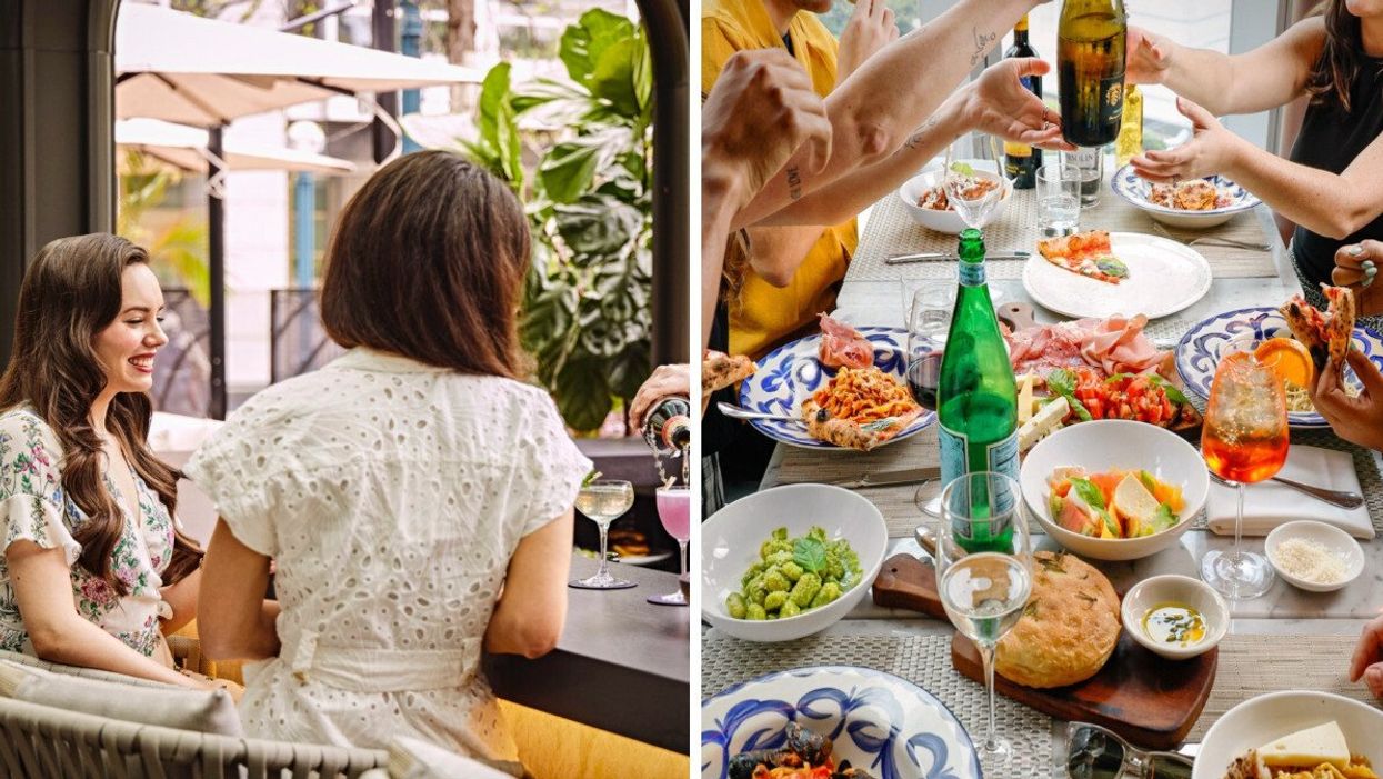 People eating in a Toronto restautant. Right: A food spread at Eataly Toronto.