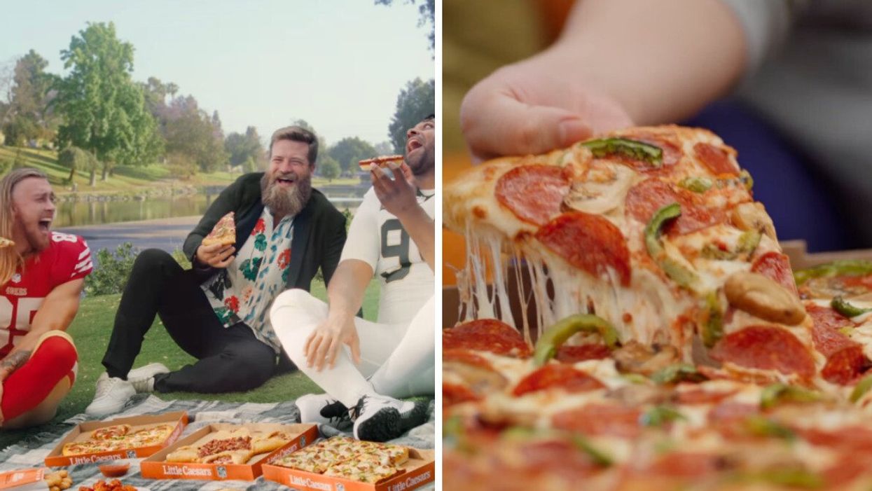 People eating Little Caesars pizza. Right: A pizza from Little Caesars.