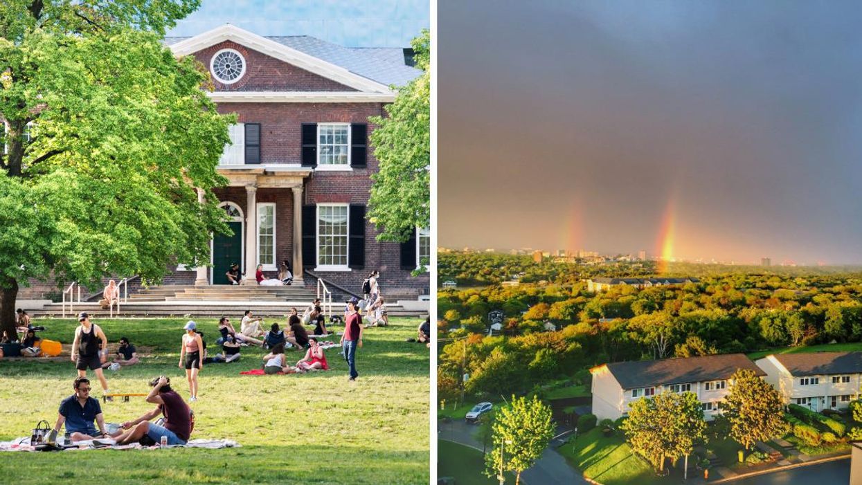 People enjoying warm weather in Toronto. Right: Rainbow after a storm in Halifax.