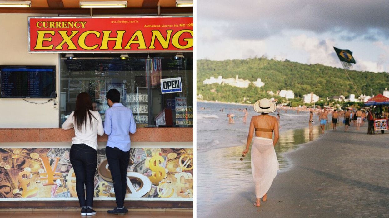 People exchanging currency. Right: A woman on holiday at a Brazilian beach.