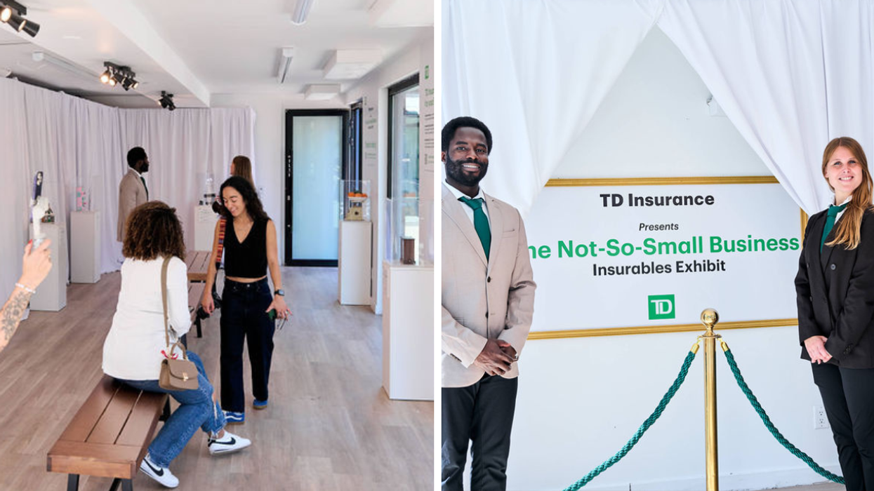 People exploring the TD Insurance Not-So-Small Business Exhibit, viewing displays inside a bright, modern space., Right: Two TD Insurance representatives standing at the entrance of the Not-So-Small Business Insurables Exhibit beside event signage.