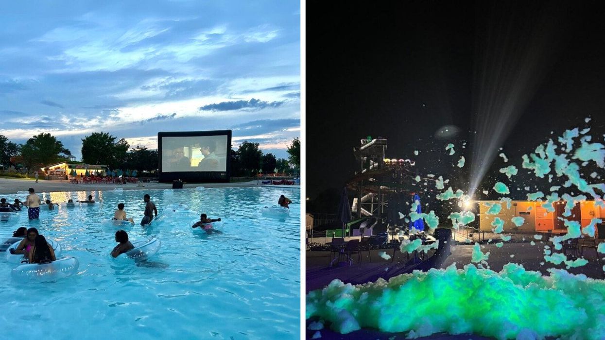 People floating in a pool while watching a movie. Right: A foam party.