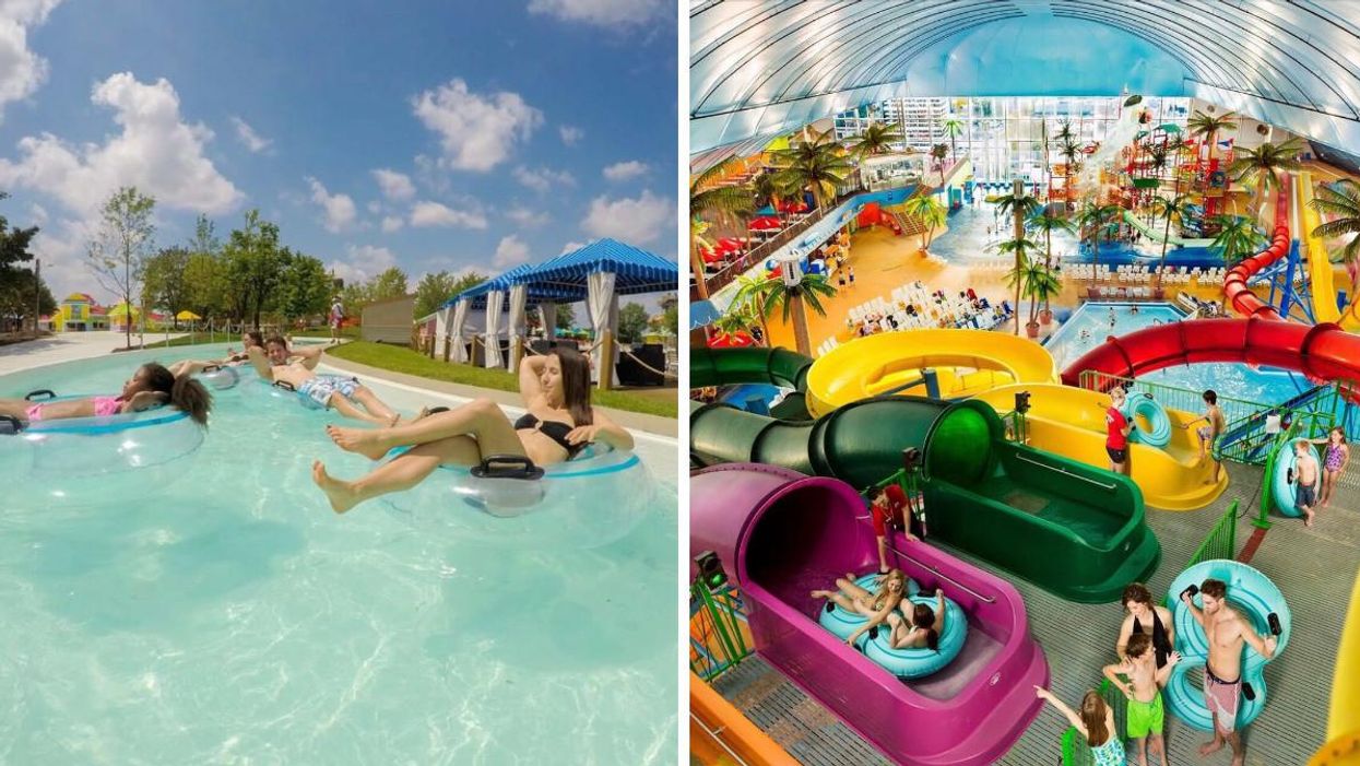 People floating in tubes in a pool. Right: Fallsview Waterpark in Niagara, Ontario.