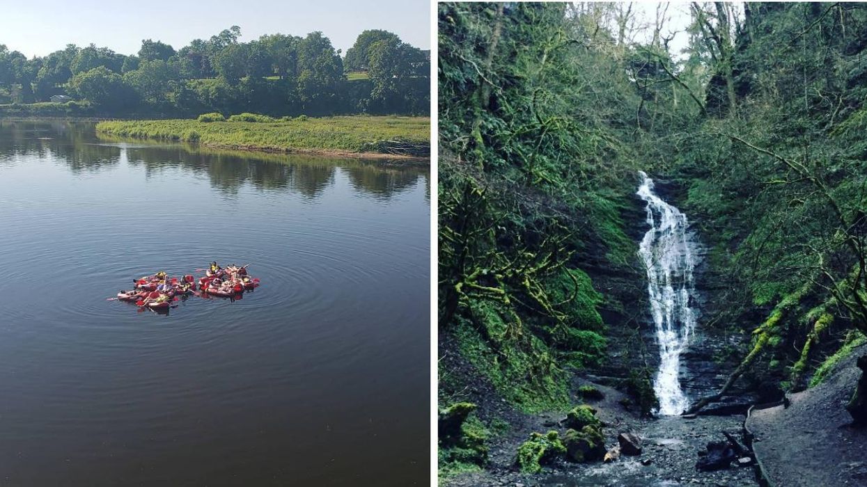 People floating on a river in tubes. Right: A waterfall surrounded by trees.