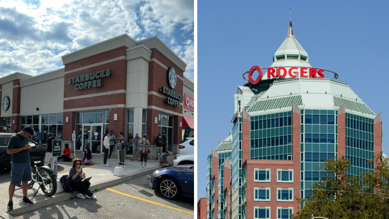 People gather outside a Starbucks to use Wi-Fi. Right: Rogers building in Toronto.