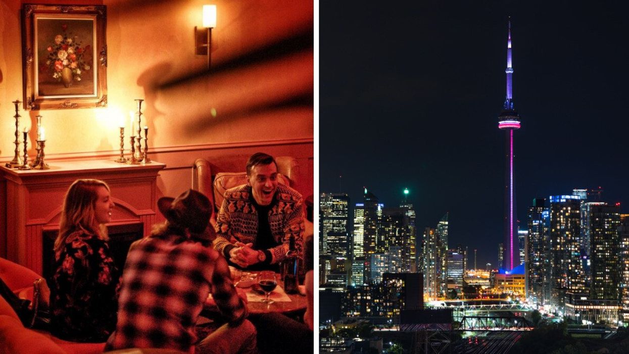 People gathered around a table in a Toronto bar. Right: Toronto's skyline at night.