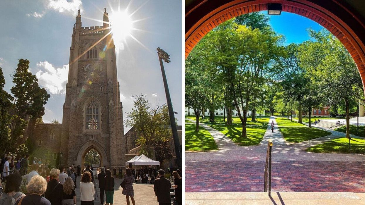 People gathered on the University of Toronto campus. Right: Harvard University campus.