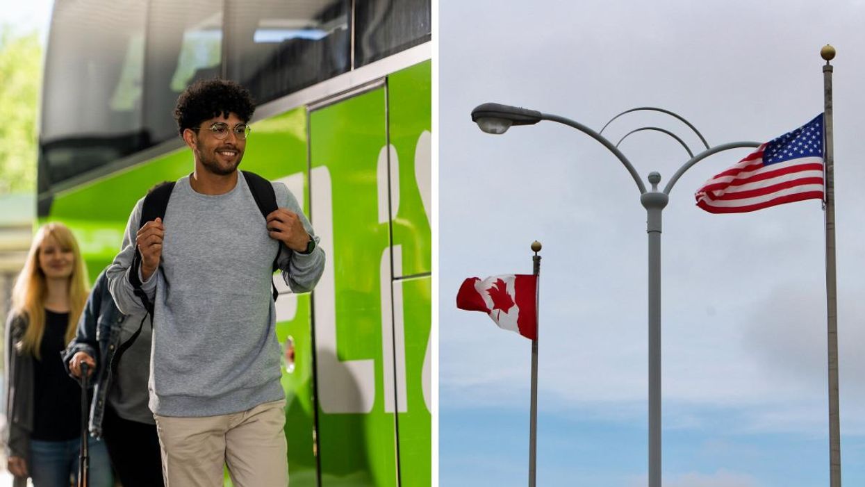 People getting on the Flixbus. Right: USA and Canada border in Niagara Falls.