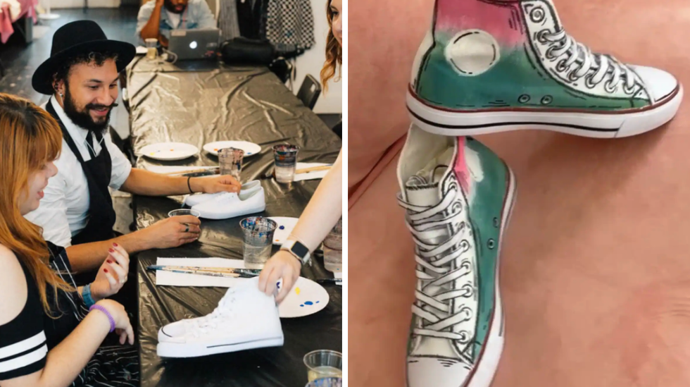 People getting ready to paint sneakers. Right: Painted sneakers.