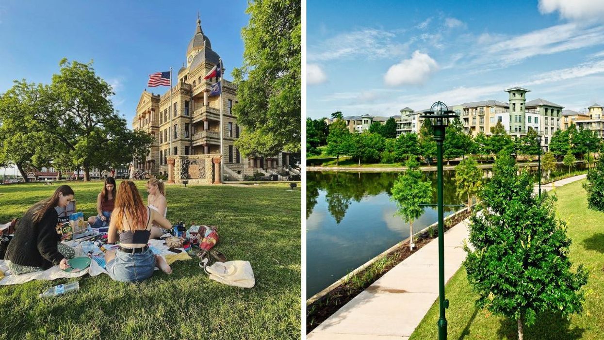People having a picnic in Denton, TX. Right: A walking trail in the Woodlands, TX.