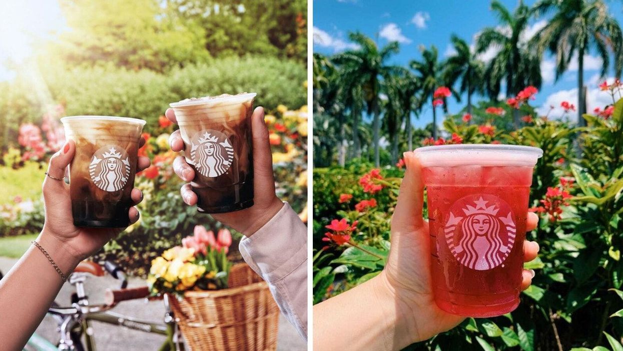 People hold Iced Brown Sugar Oat Shaken Espresso drinks. Right: An Iced Passion Tango Tea drink.