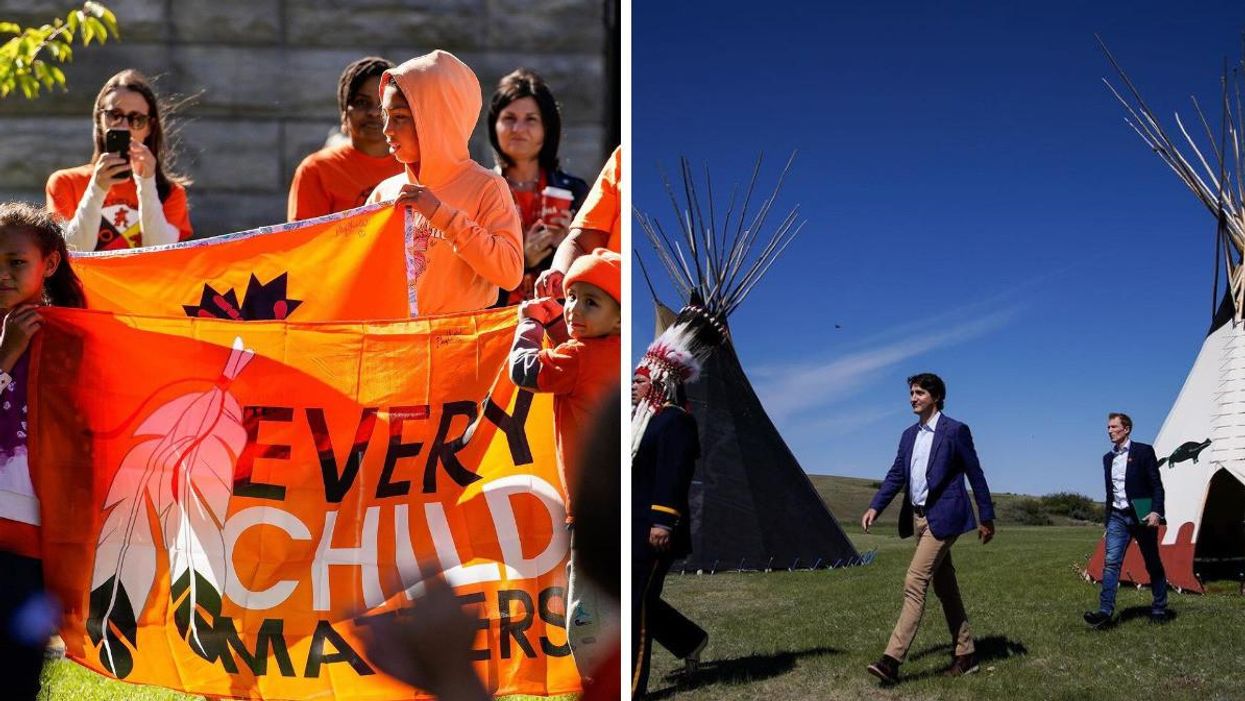People holding an "Every Child Matters" flag on National Day for Truth and Reconciliation. Right: Justin Trudeau in Siksika Nation.