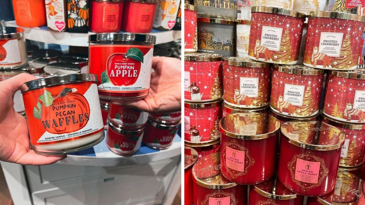 people holding bath and body works fall three wick candles. right: stack of bath and body works holiday three wick candles
