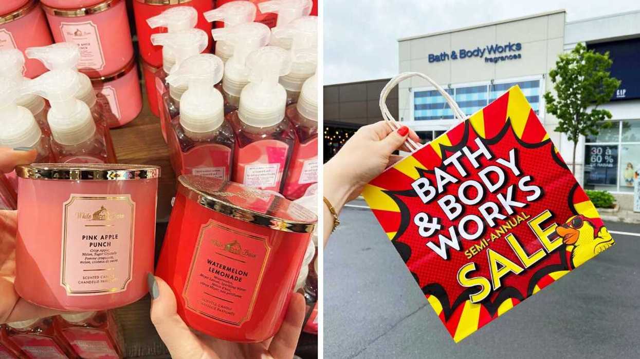 people holding bath and body works three wick candles. right: person holding bath and body works semi annual sale bag in front of store