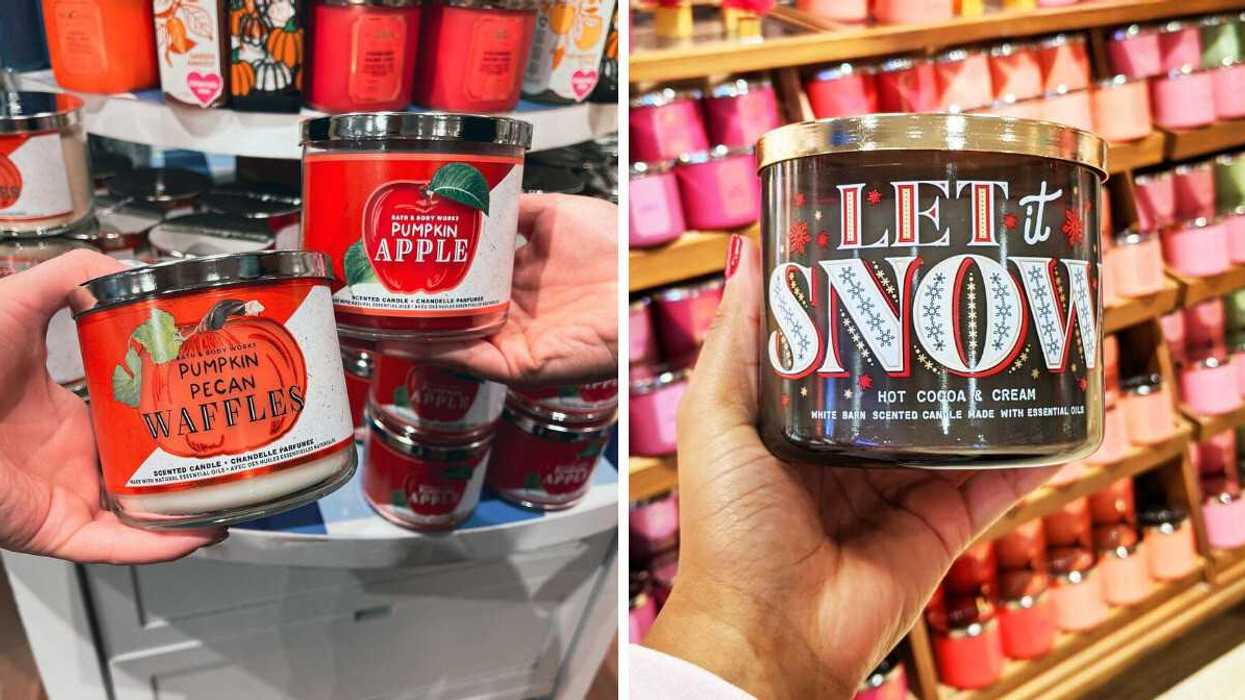 people holding Bath & Body Works fall three-wick candles in store. right: person holding Bath & Body Works holiday three-wick candle in store