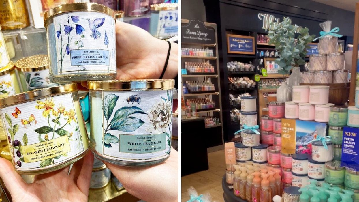 People holding Bath & Body Works three-wick candles. Right: Candle display at Bath & Body Works store.
