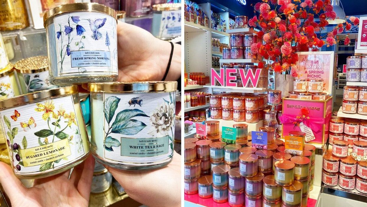 People holding Bath & Body Works three-wick candles. Right: Three-wick candle display at a Bath & Body Works store.