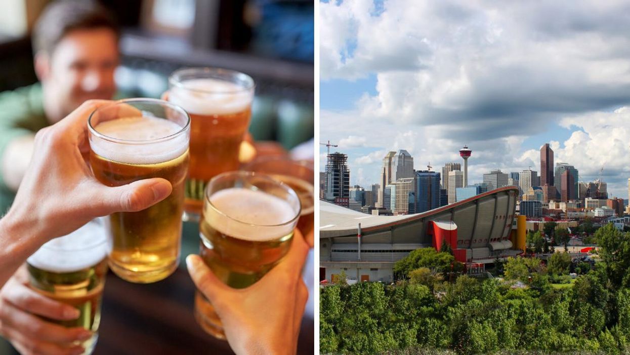 People holding beers. Right: The Calgary skyline.