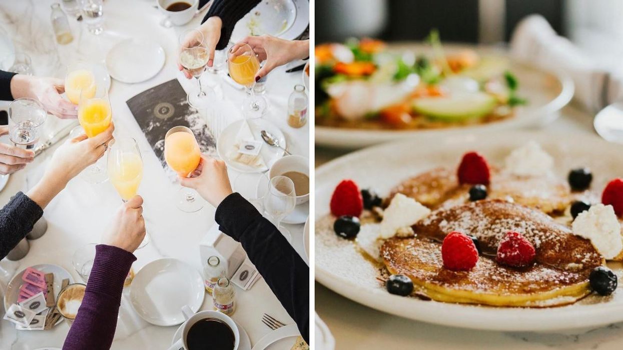 People holding mimosas around a table. Right: Pancakes with berries.