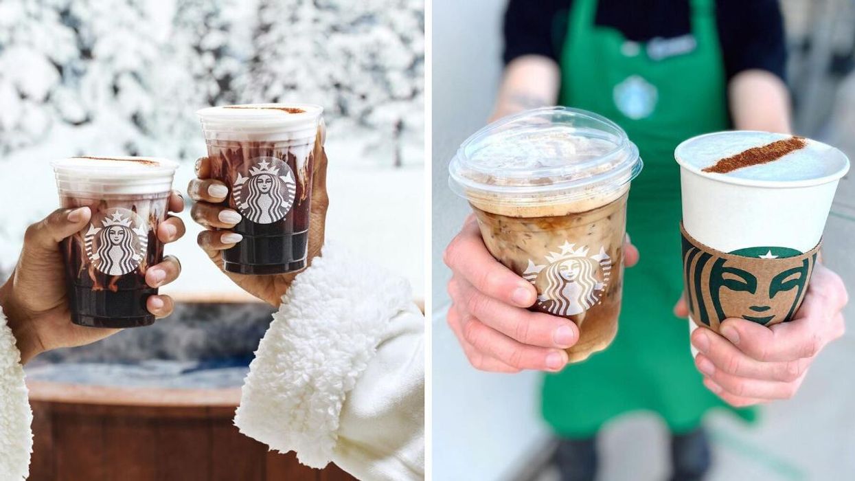 People holding Starbucks Cold Brew drinks. Right: Starbucks barista holding cold and hot drinks.