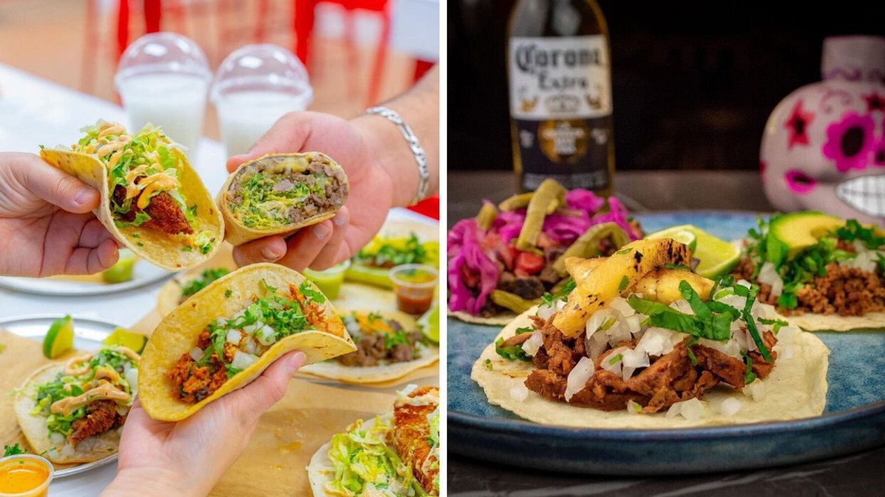 People holding tacos. Right: A plate of tacos.