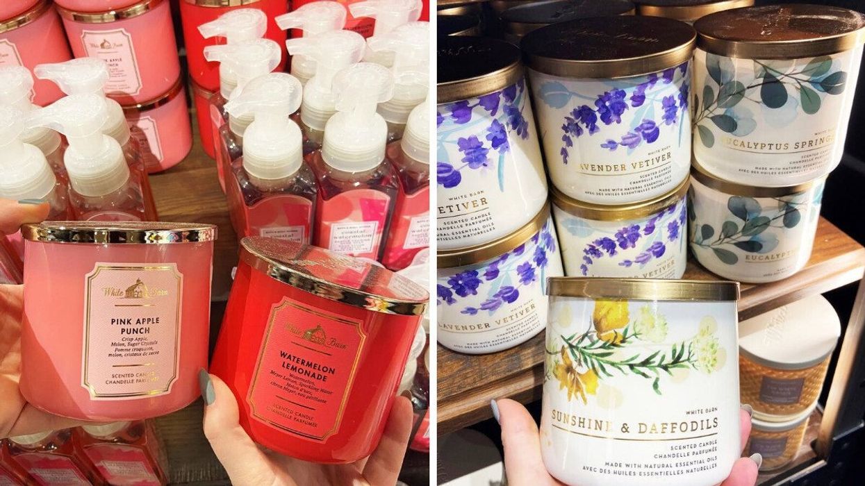 people holding two pink three-wick candles at bath and body works. right: person holding a bath and body works candle