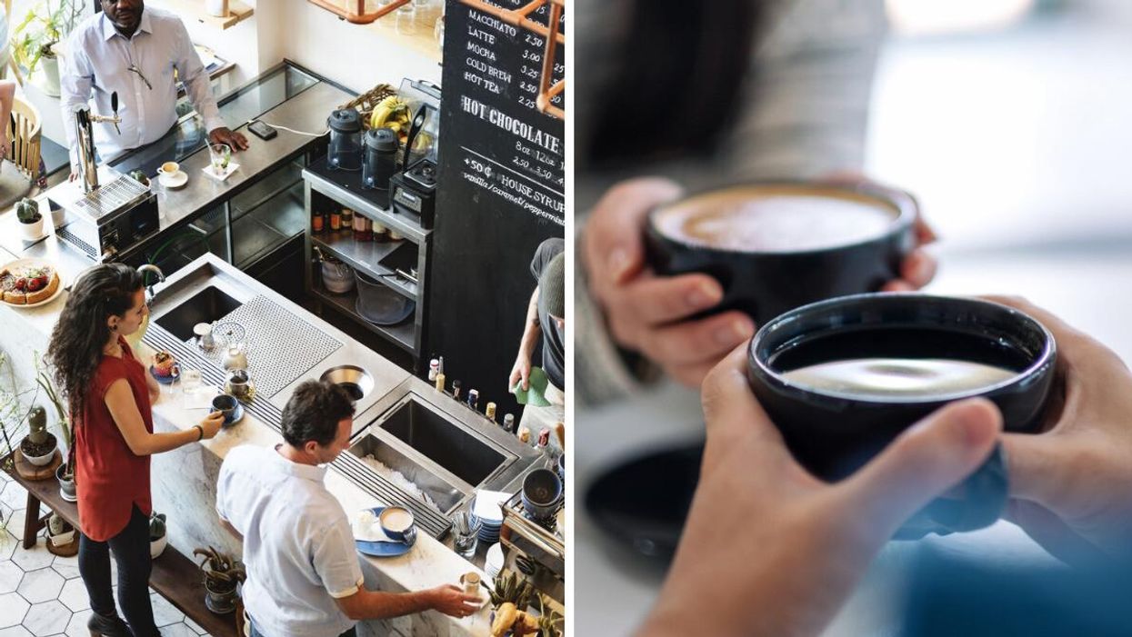 People in a coffee shop. Right: Coffee.