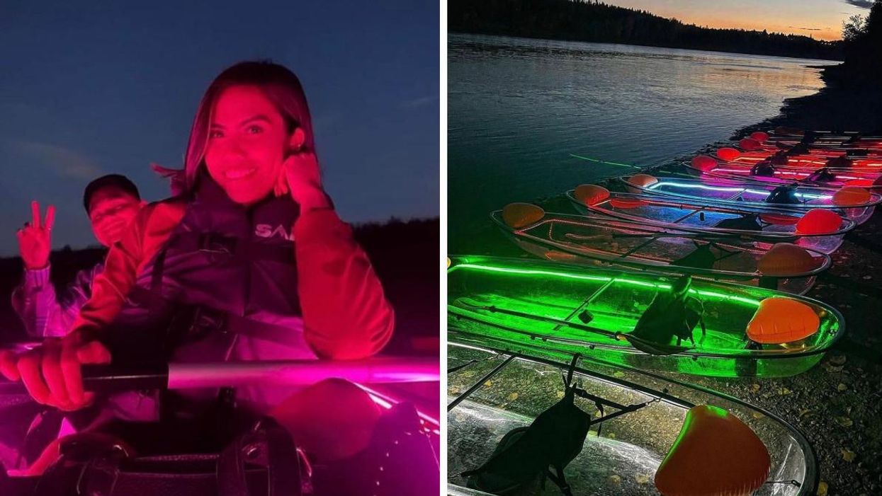 People in a glowing kayak. Right: Glowing kayaks lined up on a beach.