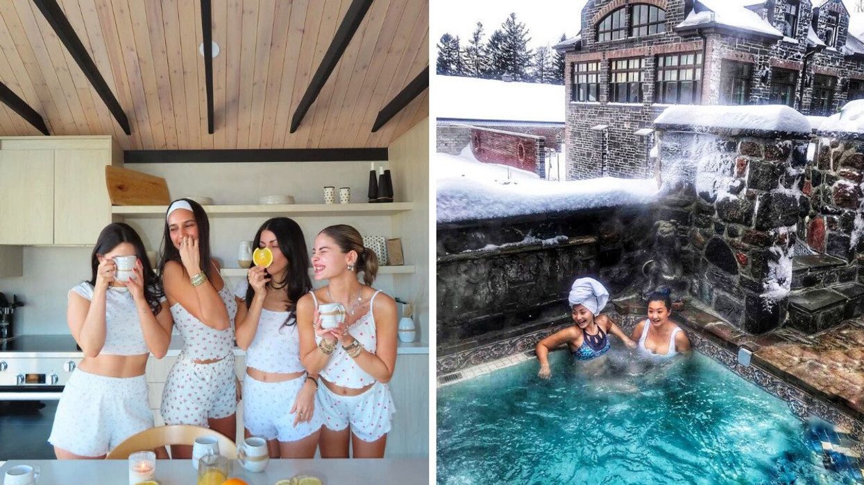 People in a kitchen. Right: Two people in a hot tub.