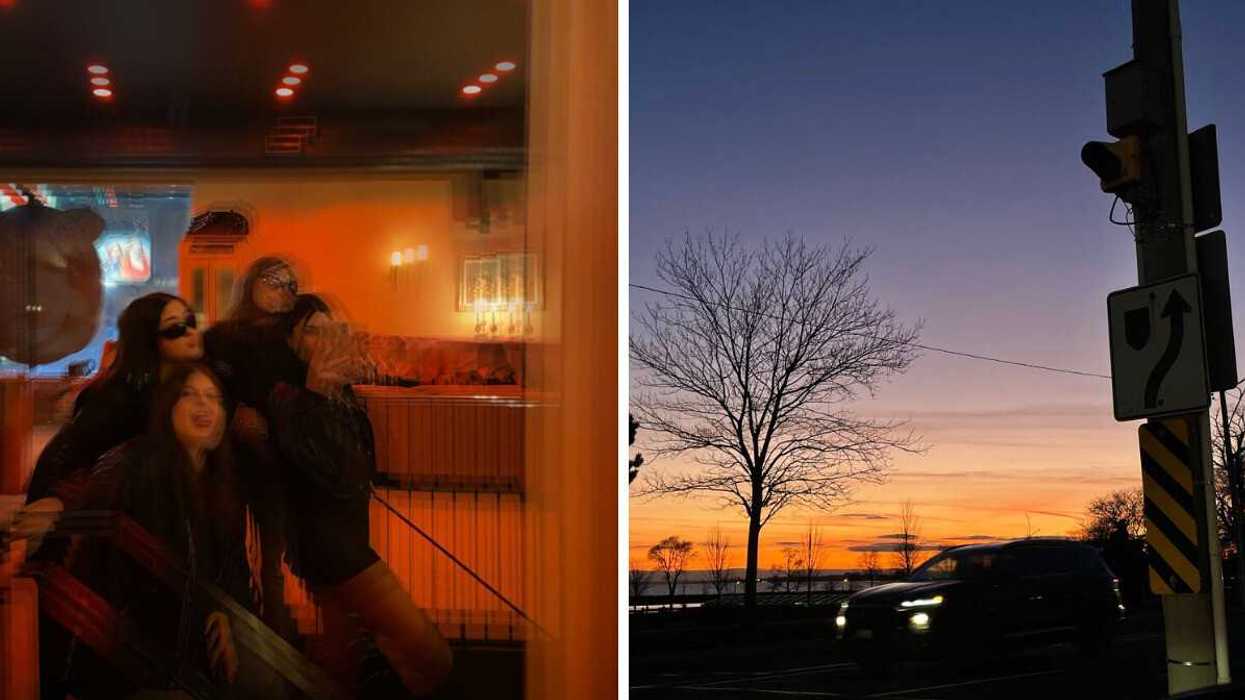 People in a mirror. Right: A Toronto sunset.