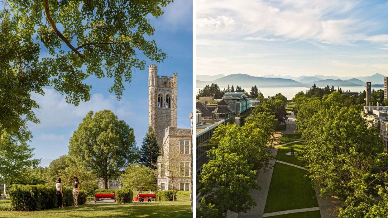 people in a park on the western university campus. right: aerial view of university of british columbia campus with ocean in the background