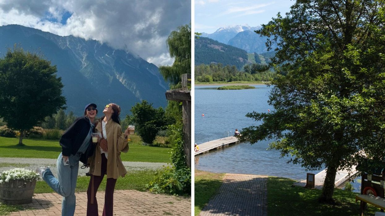 People in a small town by a mountian. Right: A lake.