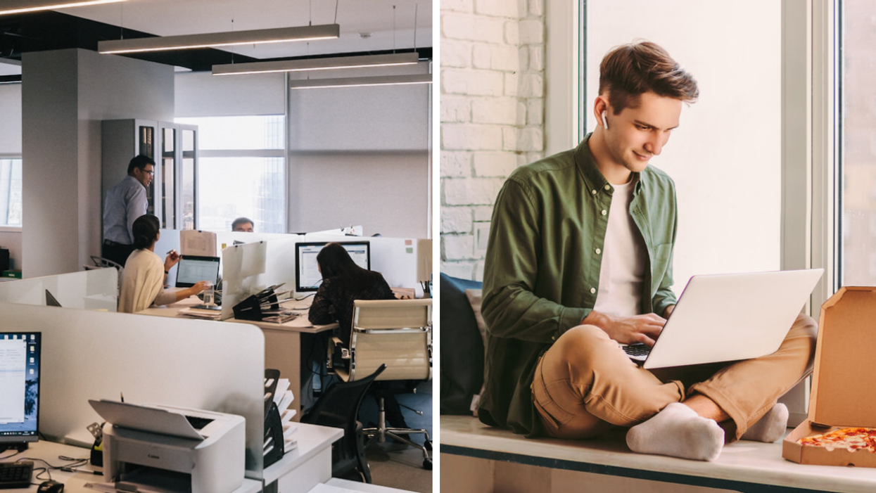 People in an office. Right: A remote worker.