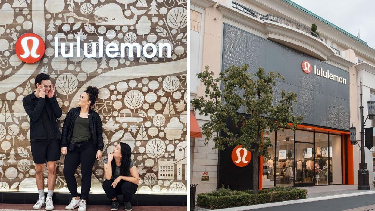 People in front of a Lululemon sign and mural. Right: Lululemon store.