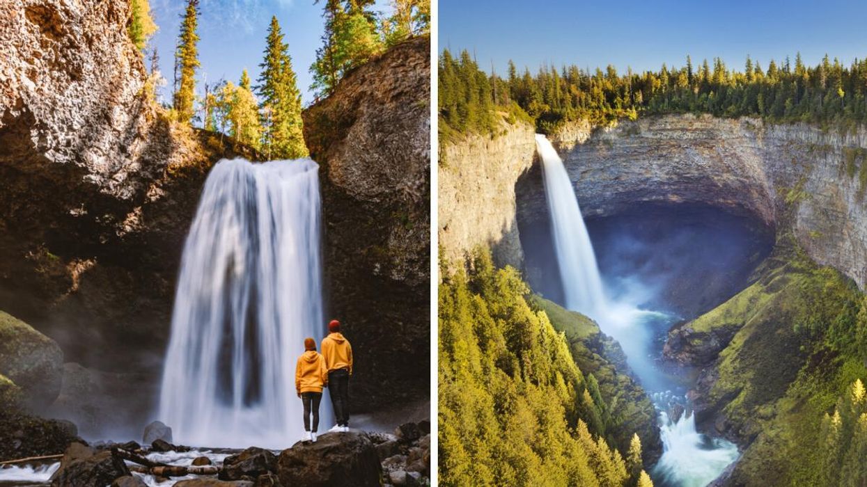 People in front of Helmcken Falls. Right: Helmcken Falls.