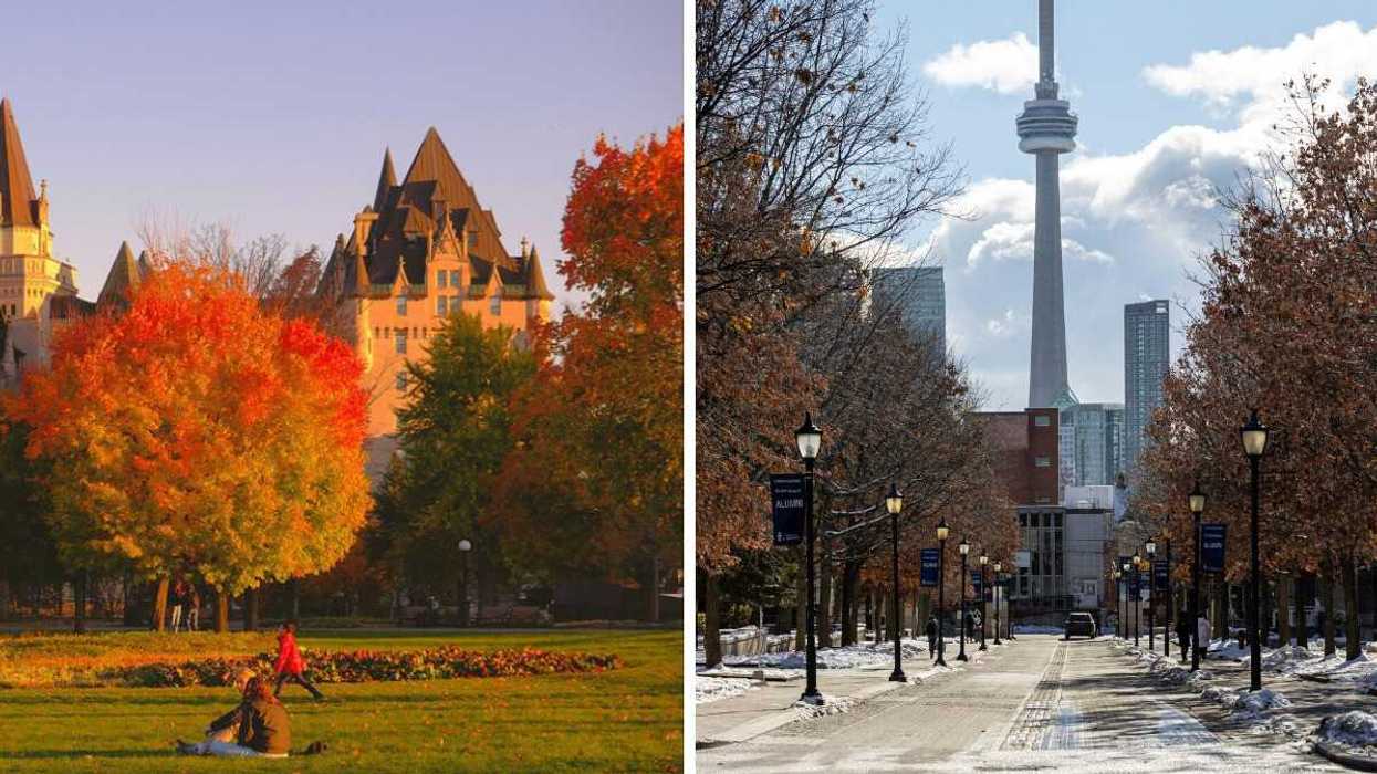 people in ottawa park with red trees. right: snowy street in toronto with cn tower in background