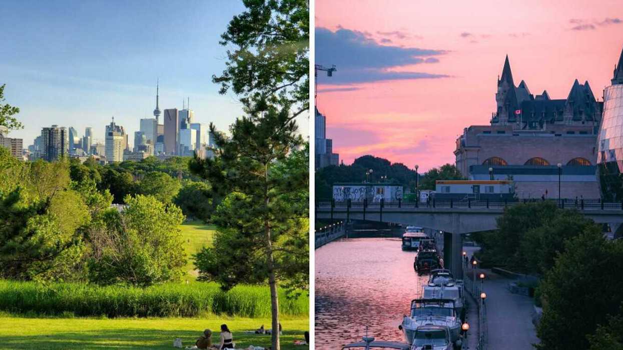 people in park with toronto skyline in background. right: boats on water in ottawa at sunset