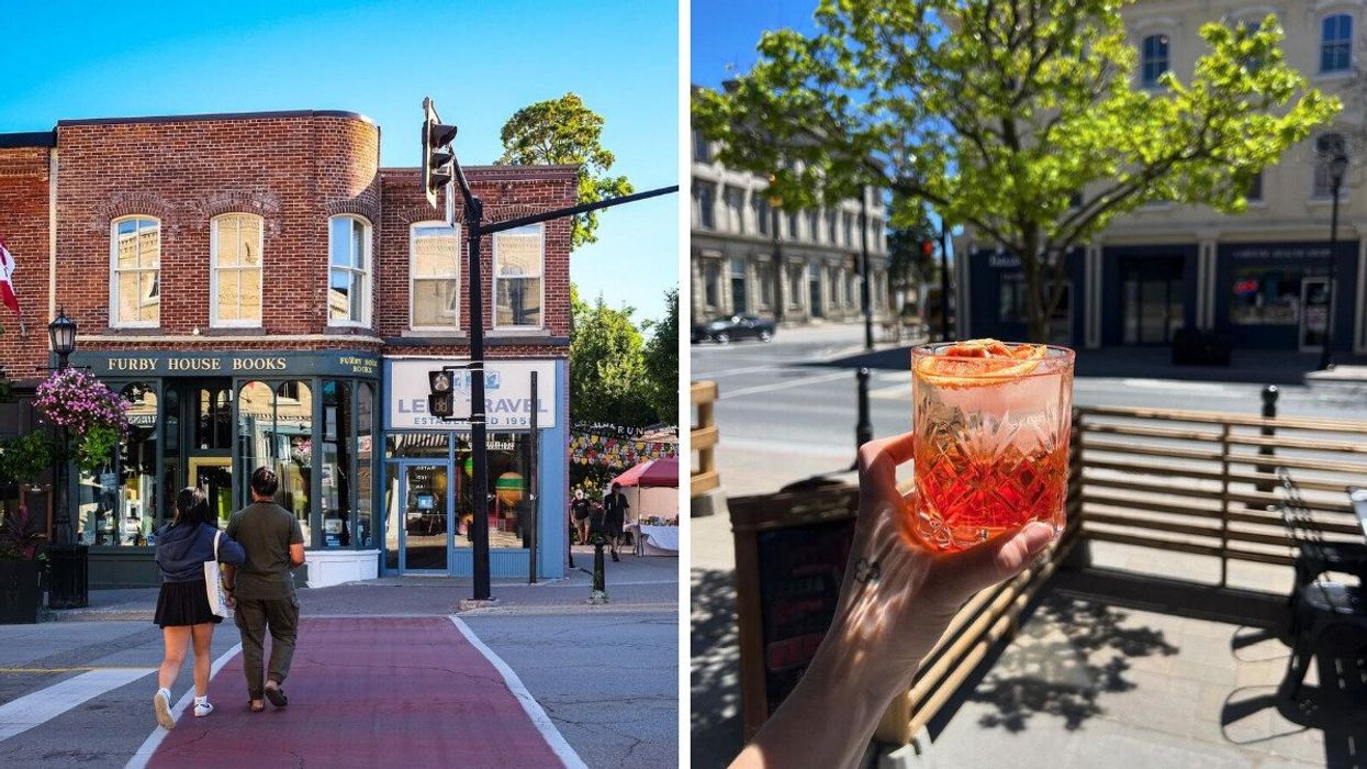 people in port hope. right: restaurant patio in cobourg