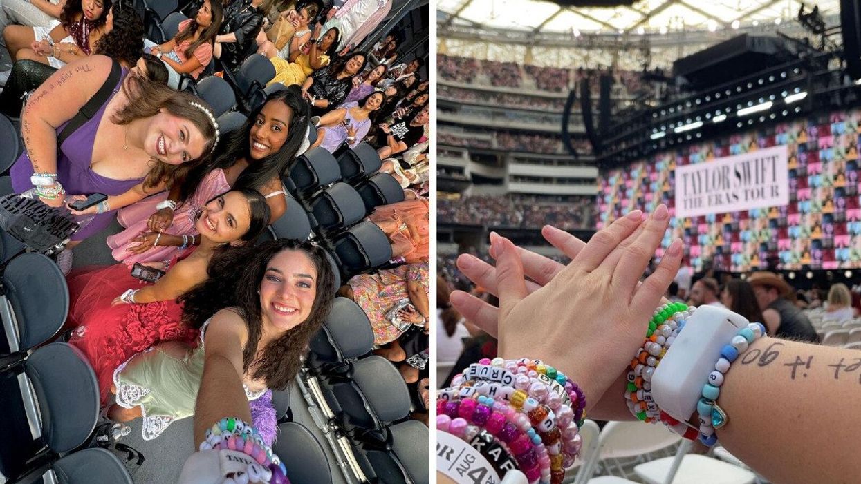 people in the crowd at taylor swift's eras tour. right: people holding out their arms with friendship bracelets in front of the eras tour stage