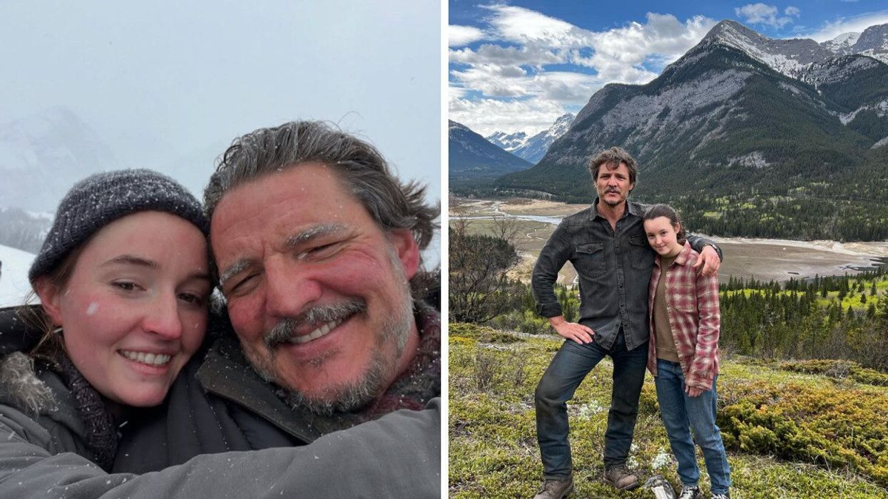 People in the winter. Right: People with a mountain backdrop.