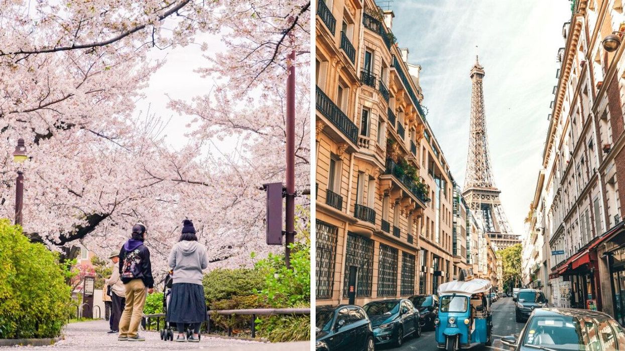 People in Tokyo, Japan. Right: Paris, France