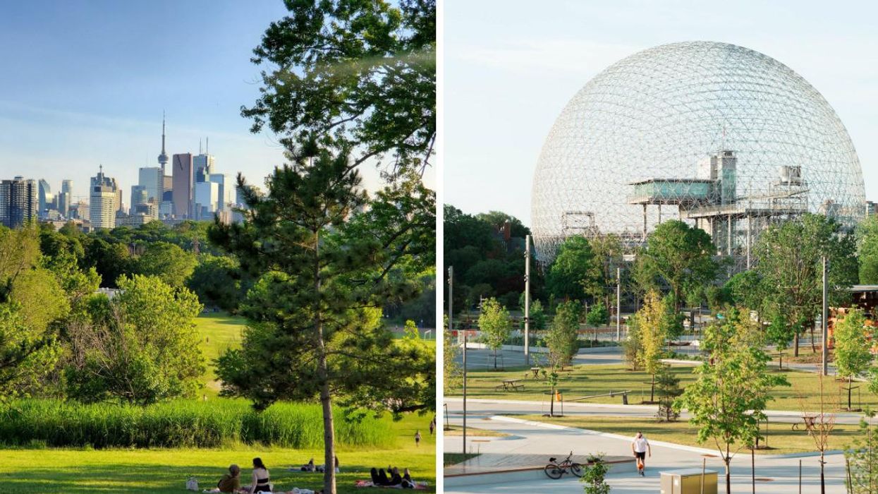 People in Toronto enjoying warm weather at a park. Right: Montreal in the springtime.
